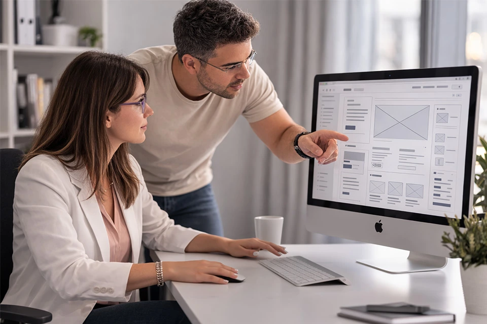 Equipo de diseño web estratégico revisando proyecto en pantalla